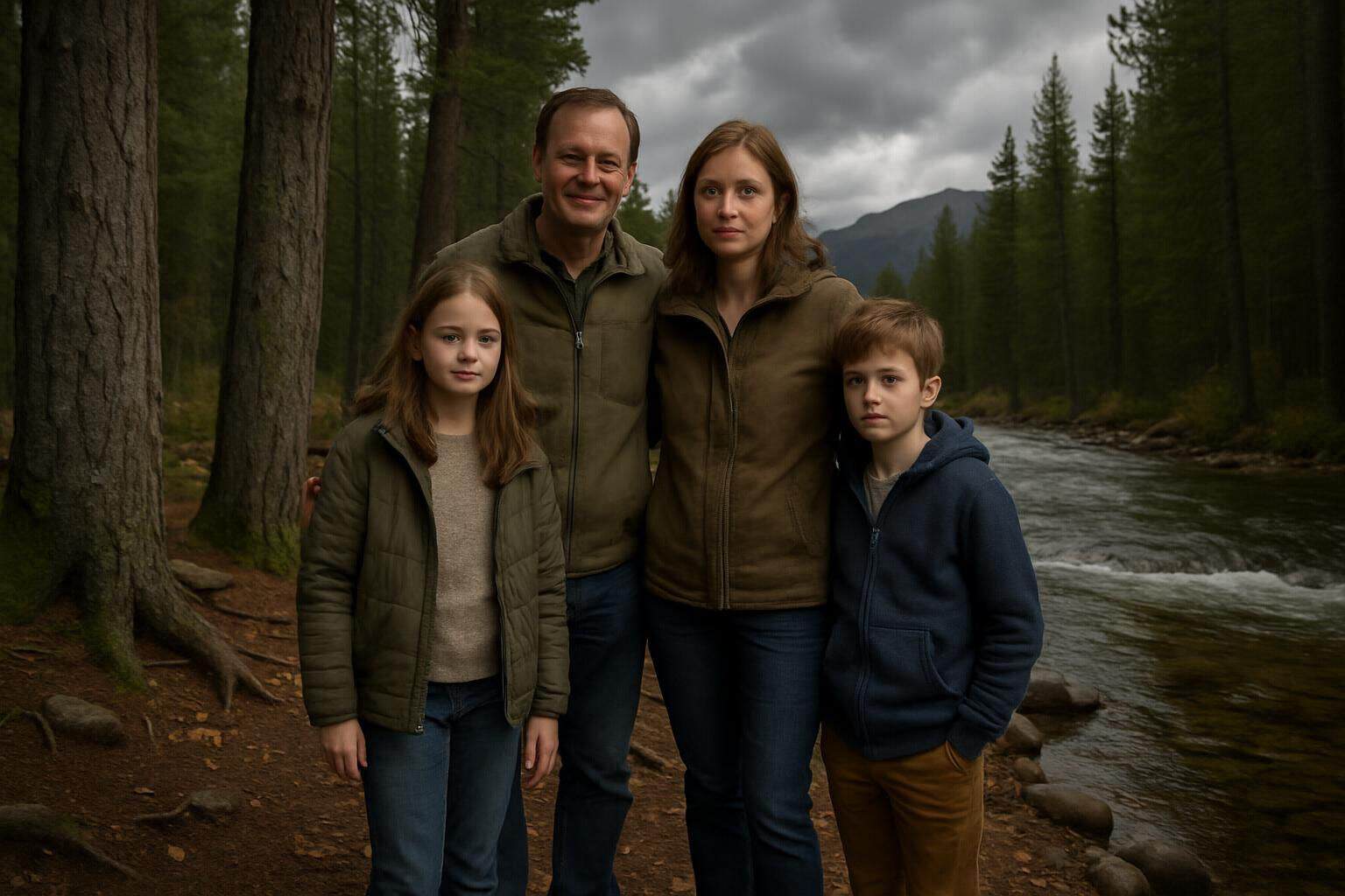 A family of four enjoys a peaceful day by a mountain river in the forest. A family of four enjoys a peaceful day by a mountain river in the forest.