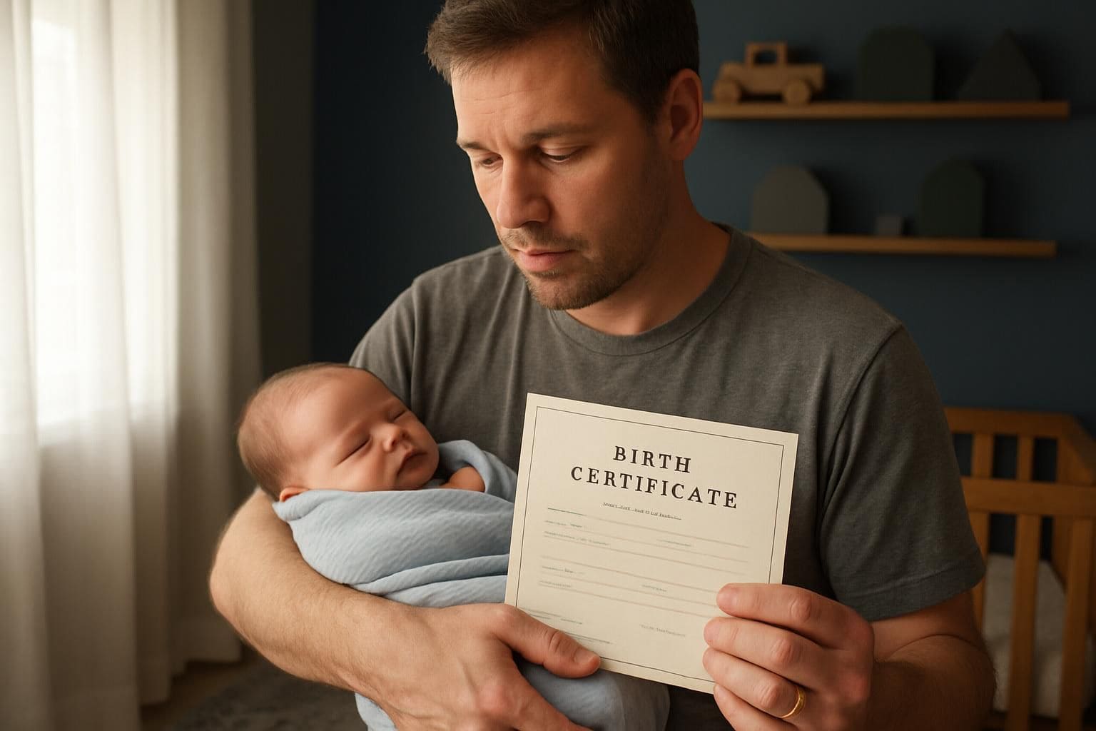 A father lovingly holds his newborn son in a cozy nursery, while clutching the baby's birth certificate. A father lovingly holds his newborn son in a cozy nursery, while clutching the baby's birth certificate.