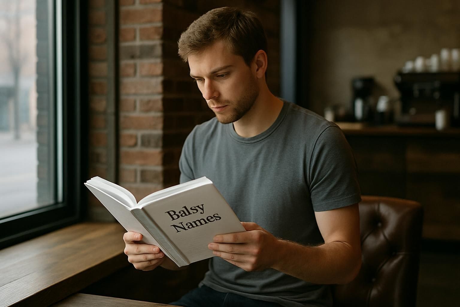 A man in his late 20s reads a baby name book in a cozy coffee shop. A man in his late 20s reads a baby name book in a cozy coffee shop.