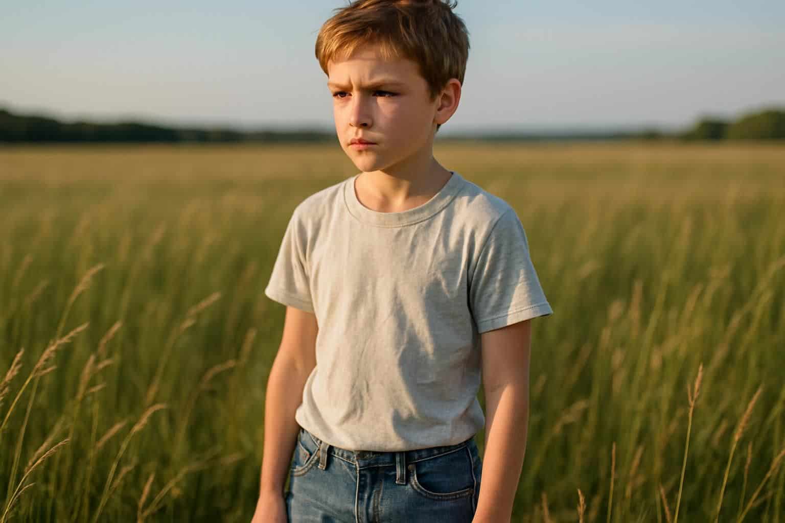 A determined young boy named Victor stands in a sunlit field of tall grass. A determined young boy named Victor stands in a sunlit field of tall grass.