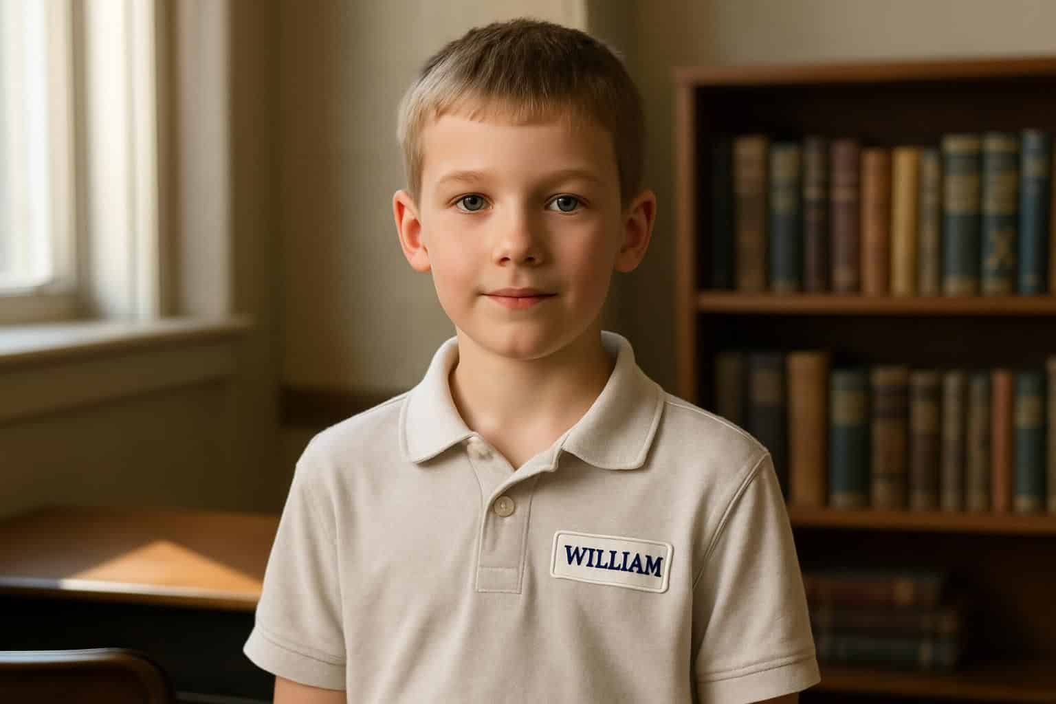 A confident young boy named William stands in a sunlit classroom amidst classic literature books. A confident young boy named William stands in a sunlit classroom amidst classic literature books.