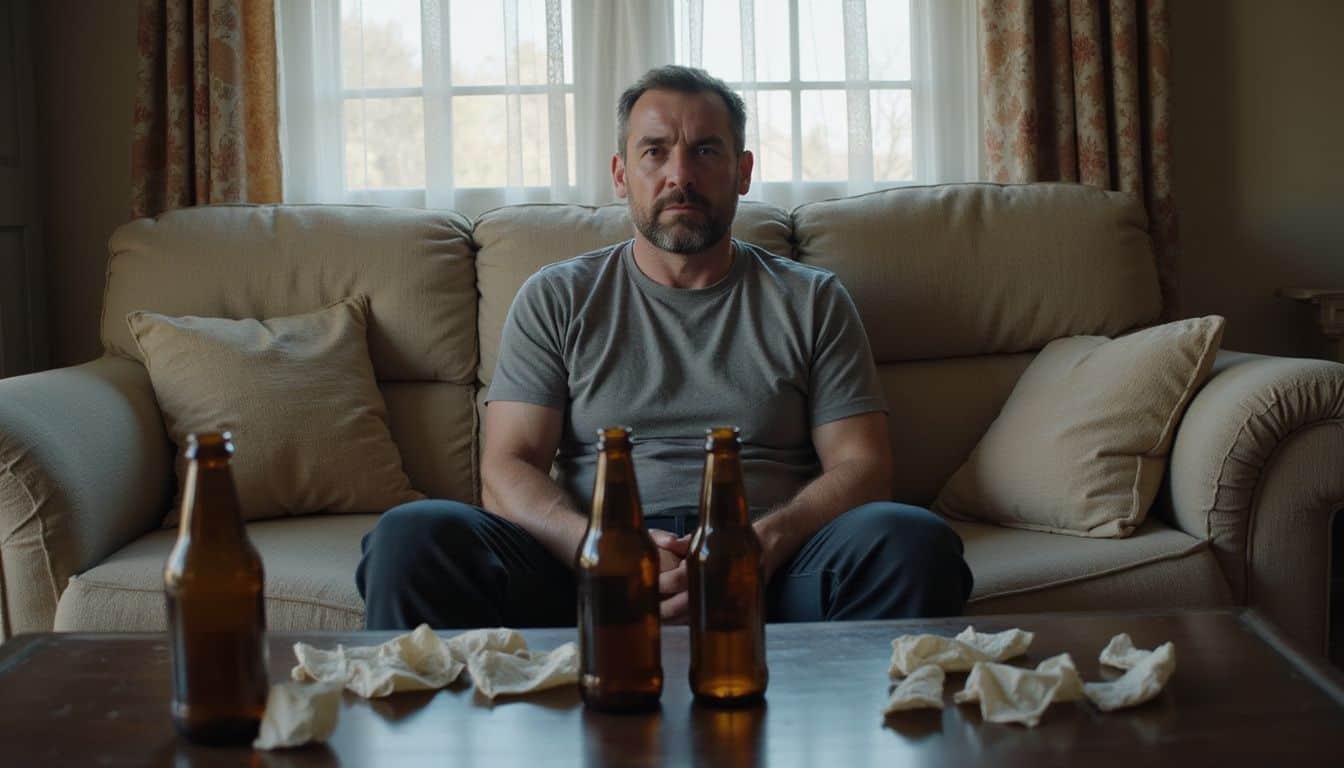 A middle-aged man sits on a worn couch with empty beer bottles and a pained expression. A middle-aged man sits on a worn couch with empty beer bottles and a pained expression.