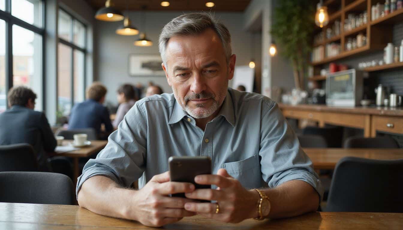 A middle-aged man sits in a bustling café, engrossed in his smartphone. A middle-aged man sits in a bustling café, engrossed in his smartphone.