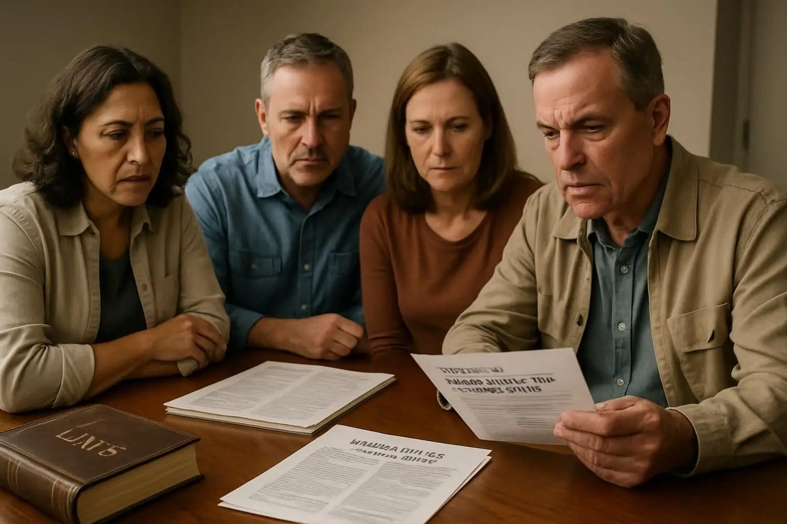 A group of middle-aged adults engaged in a serious discussion about bodily injury and personal injury. A group of middle-aged adults engaged in a serious discussion about bodily injury and personal injury.