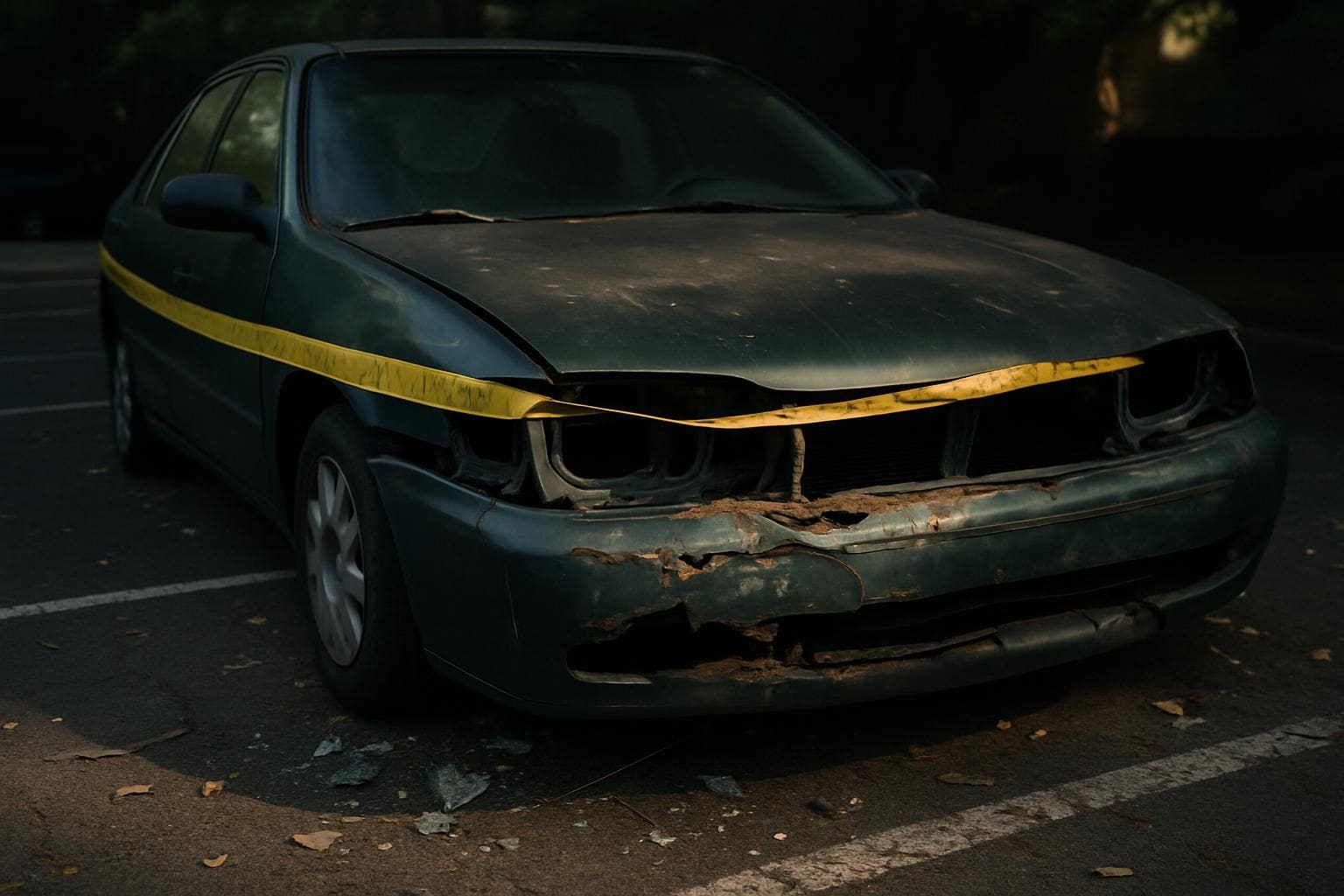 An abandoned car with a cracked bumper and missing headlights, surrounded by debris and caution tape. An abandoned car with a cracked bumper and missing headlights, surrounded by debris and caution tape.