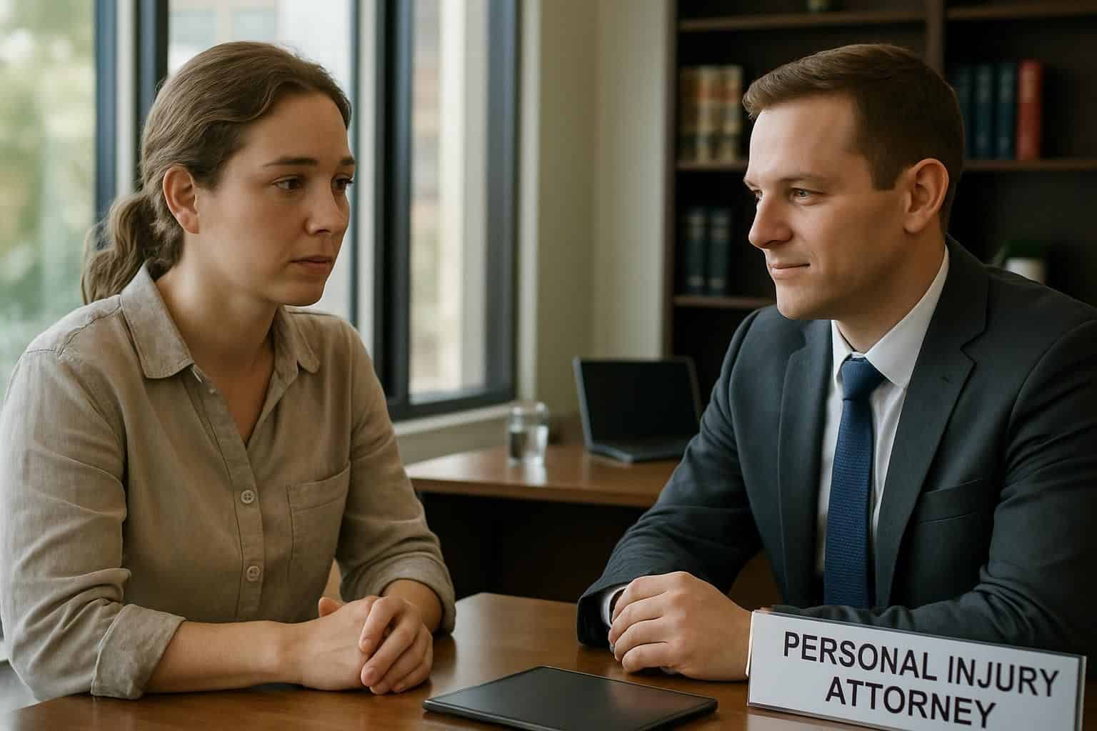 A woman meets with a personal injury attorney in a modern, professional office. A woman meets with a personal injury attorney in a modern, professional office.