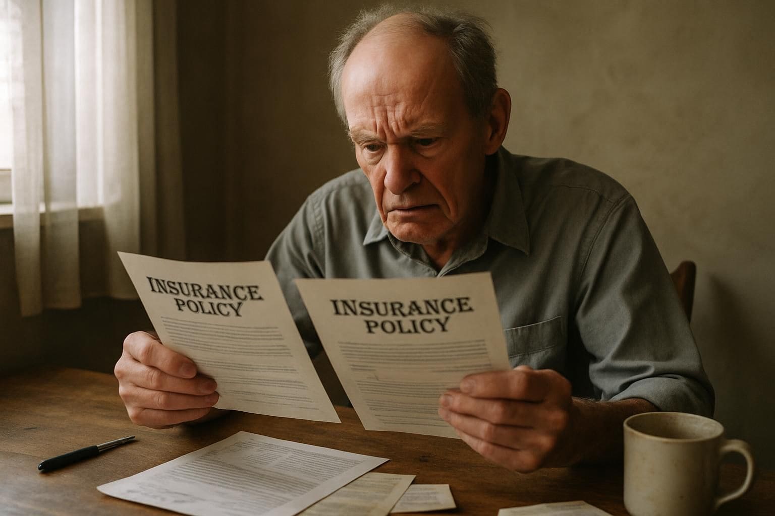 An elderly man sits at a worn desk, frustrated while examining insurance policy documents in a dim room. An elderly man sits at a worn desk, frustrated while examining insurance policy documents in a dim room.