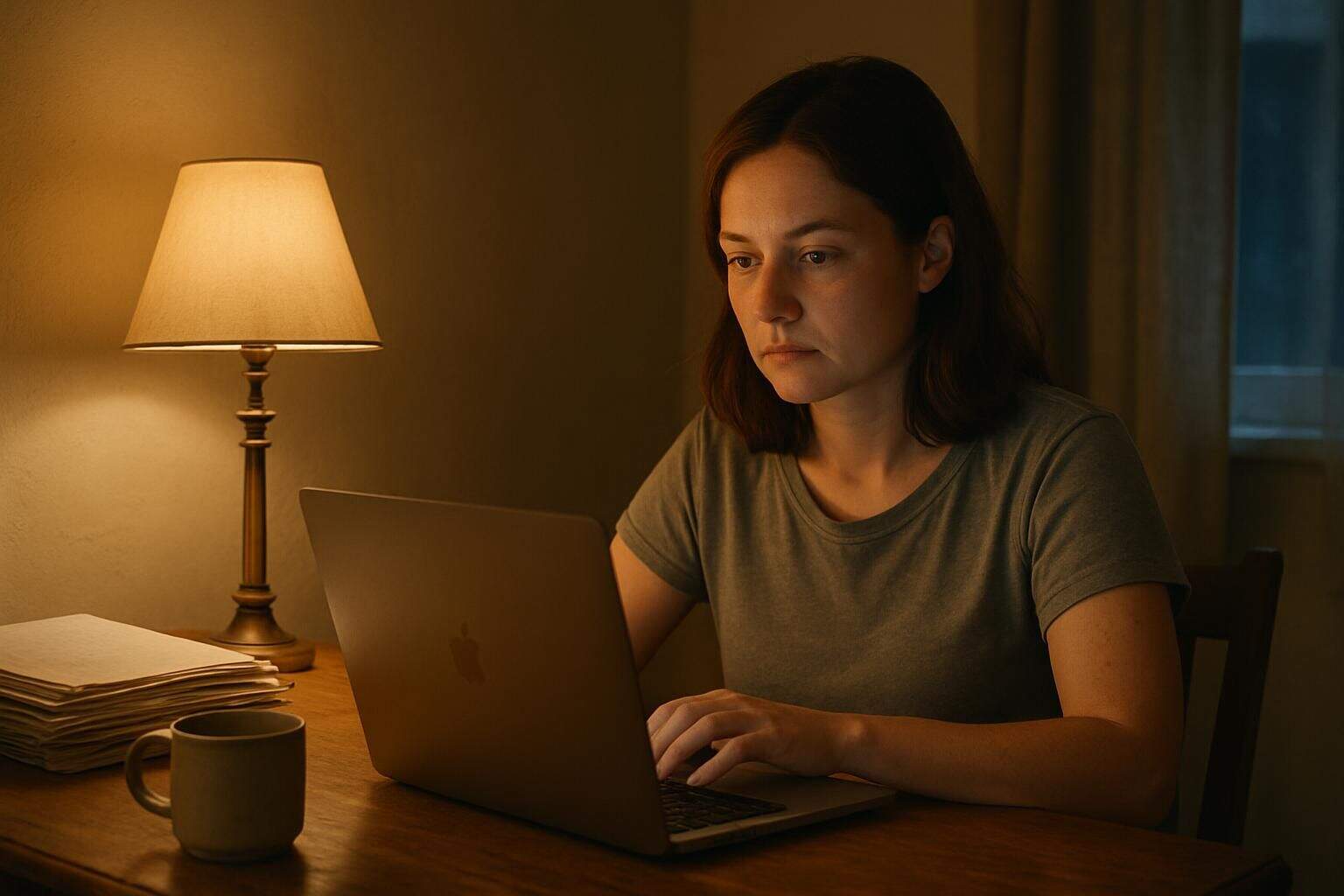 A woman in her 30s sits at a cluttered desk in a home office with a focused expression. A woman in her 30s sits at a cluttered desk in a home office with a focused expression.