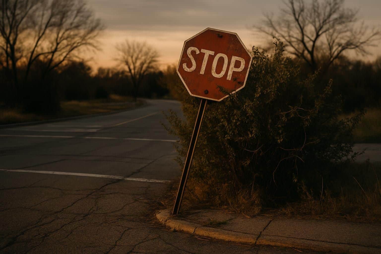A deserted intersection at dusk, with overgrown bushes and a weathered stop sign. A deserted intersection at dusk, with overgrown bushes and a weathered stop sign.
