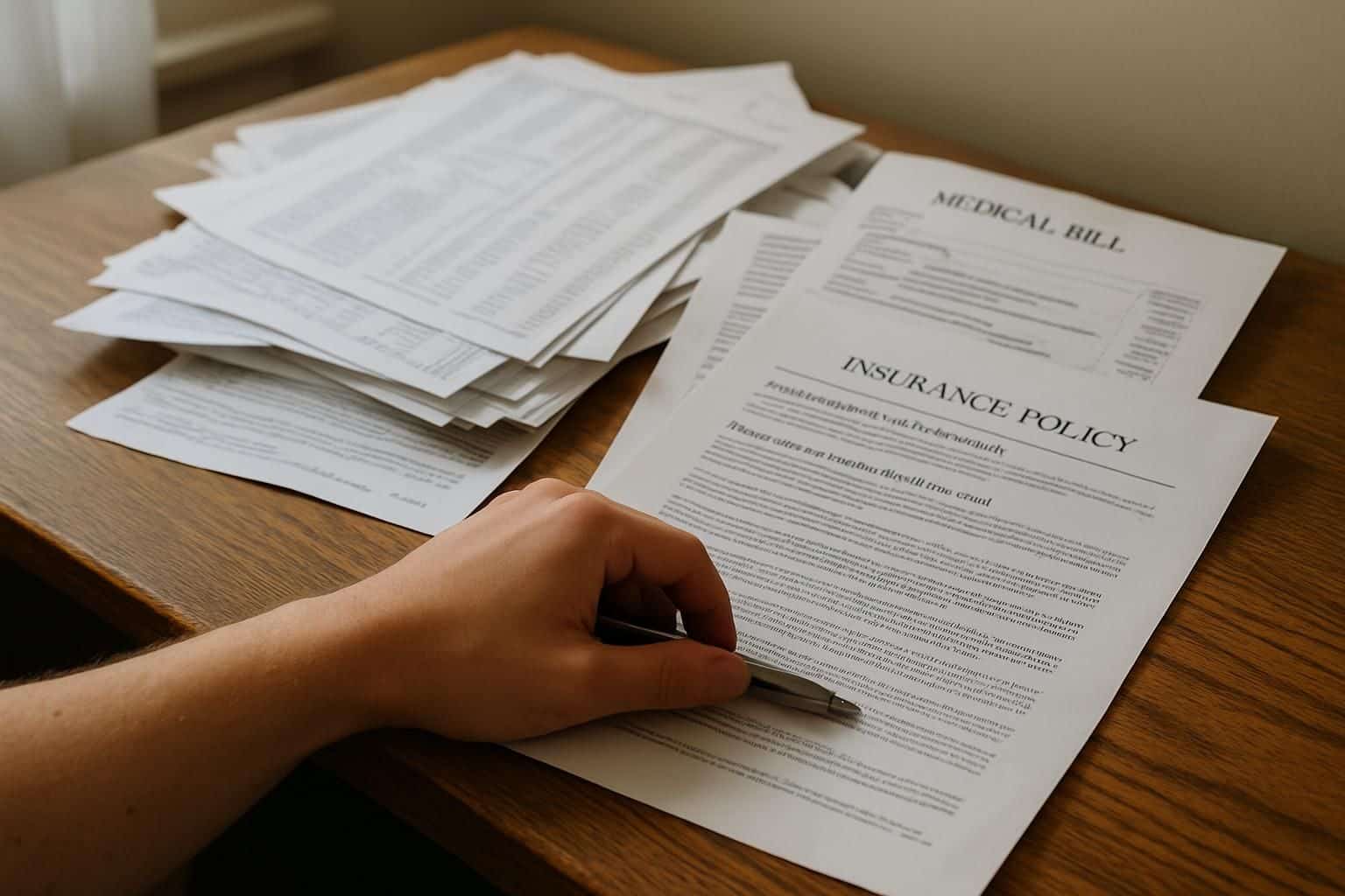 A cluttered desk with medical bills and insurance documents, hand holding a pen, reflecting on car accident. A cluttered desk with medical bills and insurance documents, hand holding a pen, reflecting on car accident.