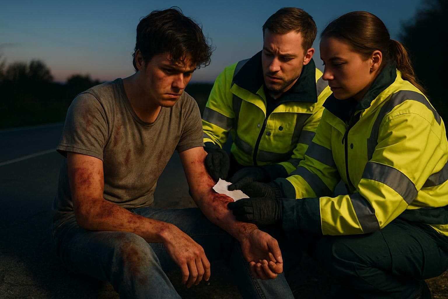 Two paramedics provide emergency care to an injured person on the roadside at dusk. Two paramedics provide emergency care to an injured person on the roadside at dusk.