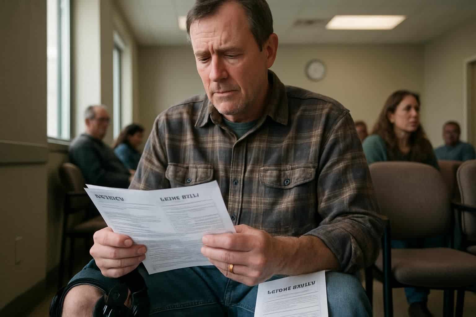 A middle-aged man with a leg brace sits in a hospital waiting room with medical bills and an accident report. A middle-aged man with a leg brace sits in a hospital waiting room with medical bills and an accident report.