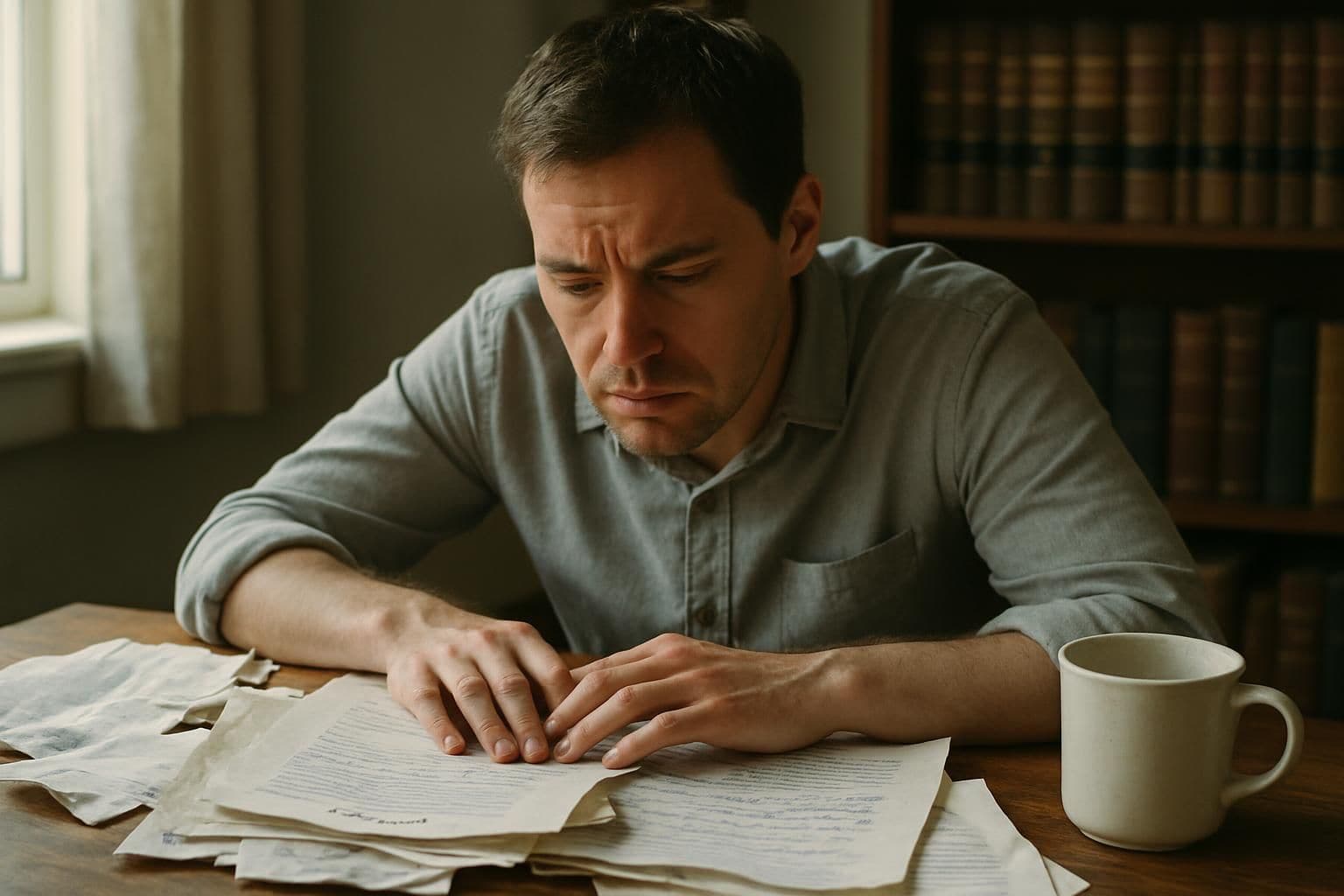 A tired person sits at a cluttered desk surrounded by legal documents and books, showing visible signs of stress. A tired person sits at a cluttered desk surrounded by legal documents and books, showing visible signs of stress.