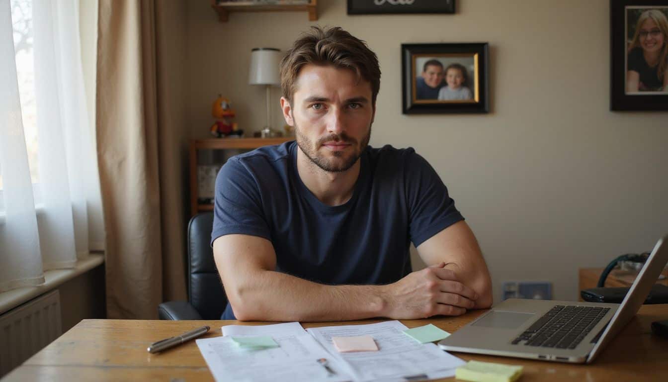 A man in his 30s sits at a cluttered desk in a warm, home office. A man in his 30s sits at a cluttered desk in a warm, home office.