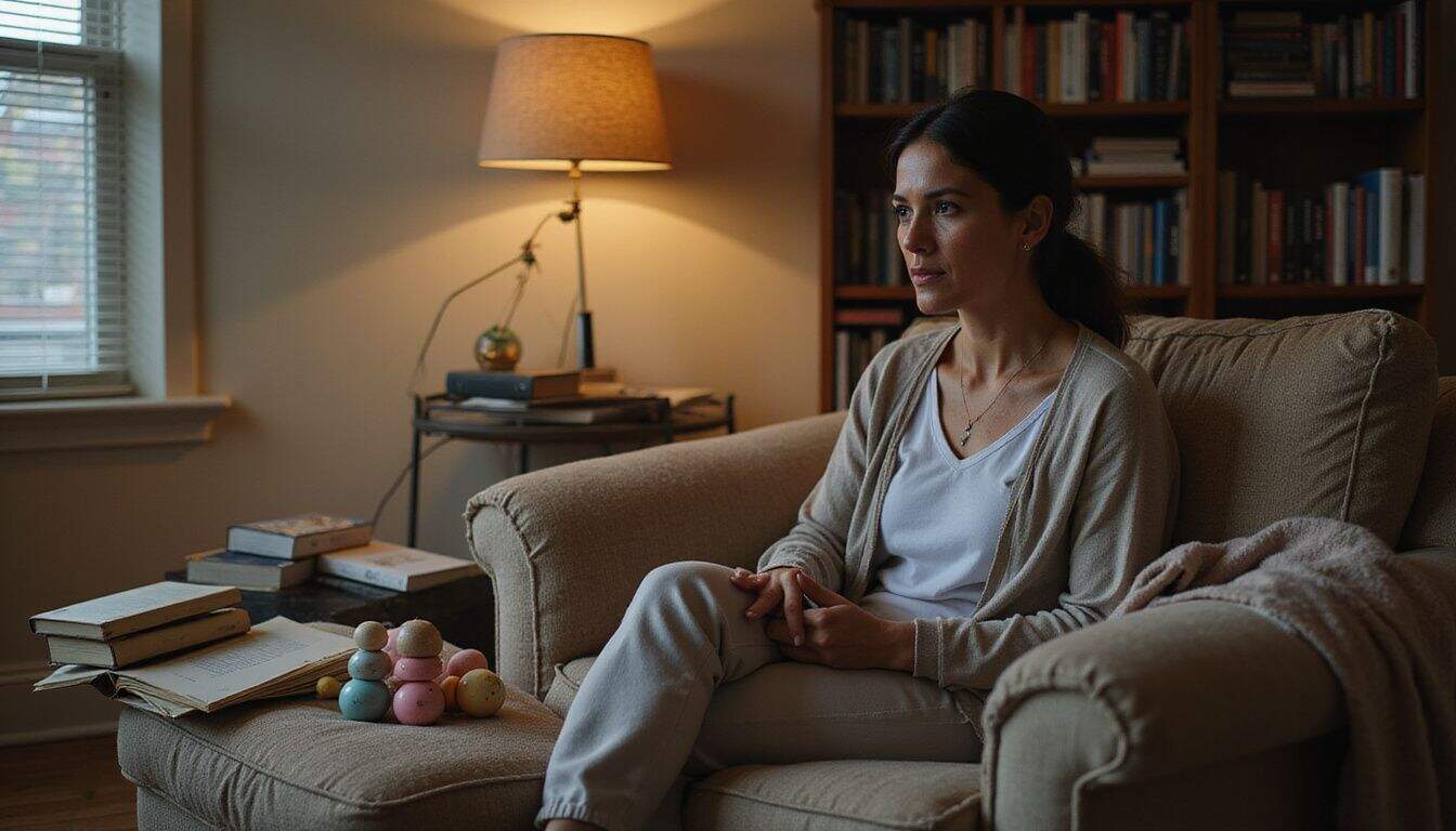 A tired mother sits on a cluttered sofa surrounded by books and baby toys. A tired mother sits on a cluttered sofa surrounded by books and baby toys.