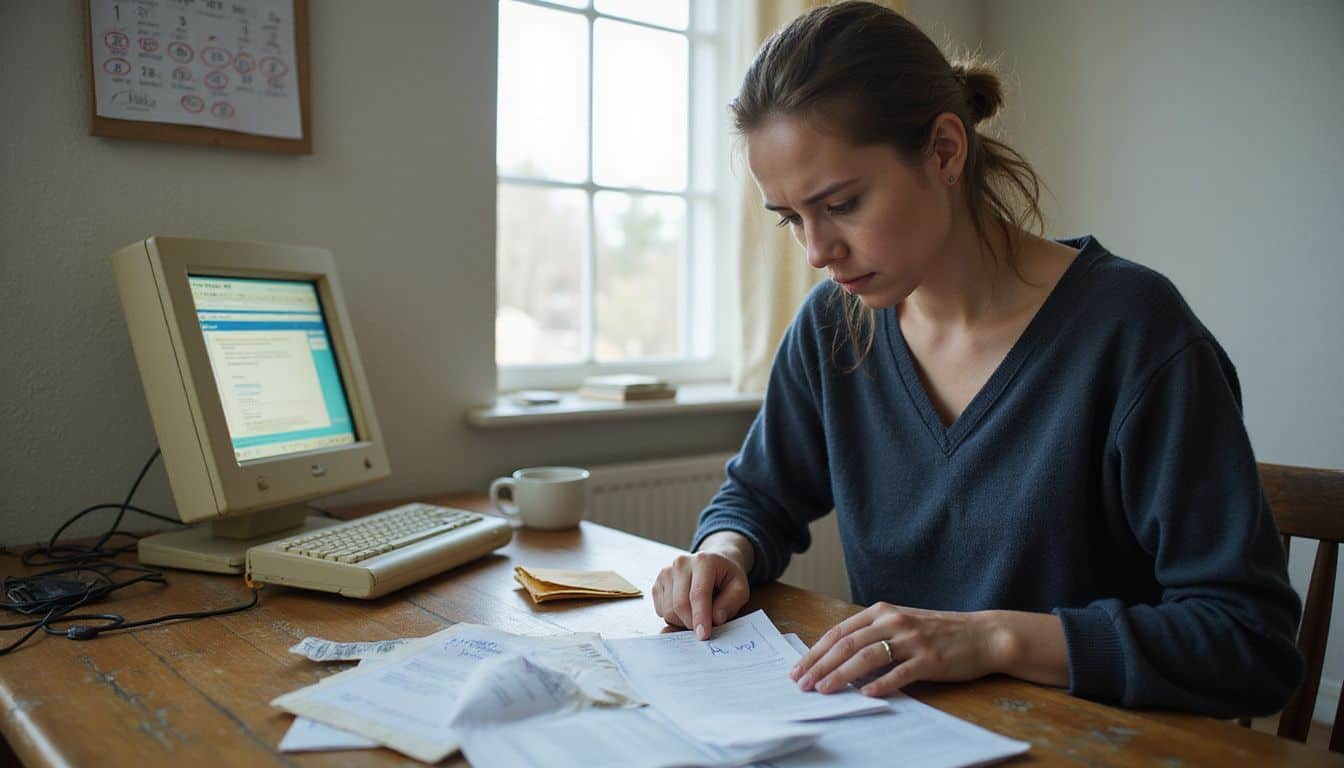 A woman sits in a cluttered apartment, searching for jobs and feeling the strain of financial uncertainty. A woman sits in a cluttered apartment, searching for jobs and feeling the strain of financial uncertainty.