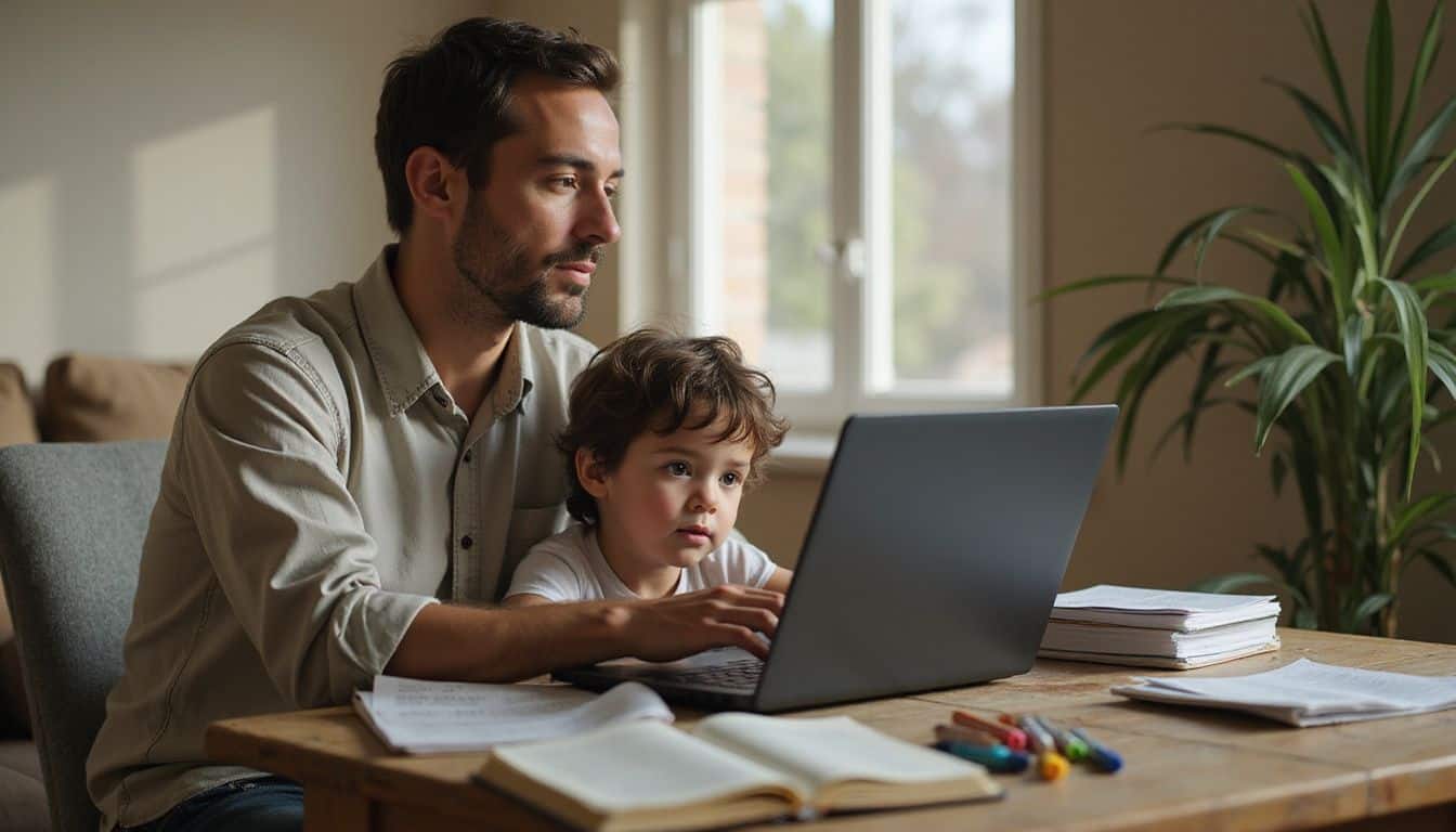 A single father and his young child engage in online learning in their cozy home office. A single father and his young child engage in online learning in their cozy home office.