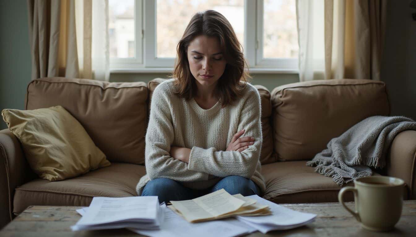 A tired woman sits in a cluttered living room, surrounded by bills and a sense of quiet tension. A tired woman sits in a cluttered living room, surrounded by bills and a sense of quiet tension.
