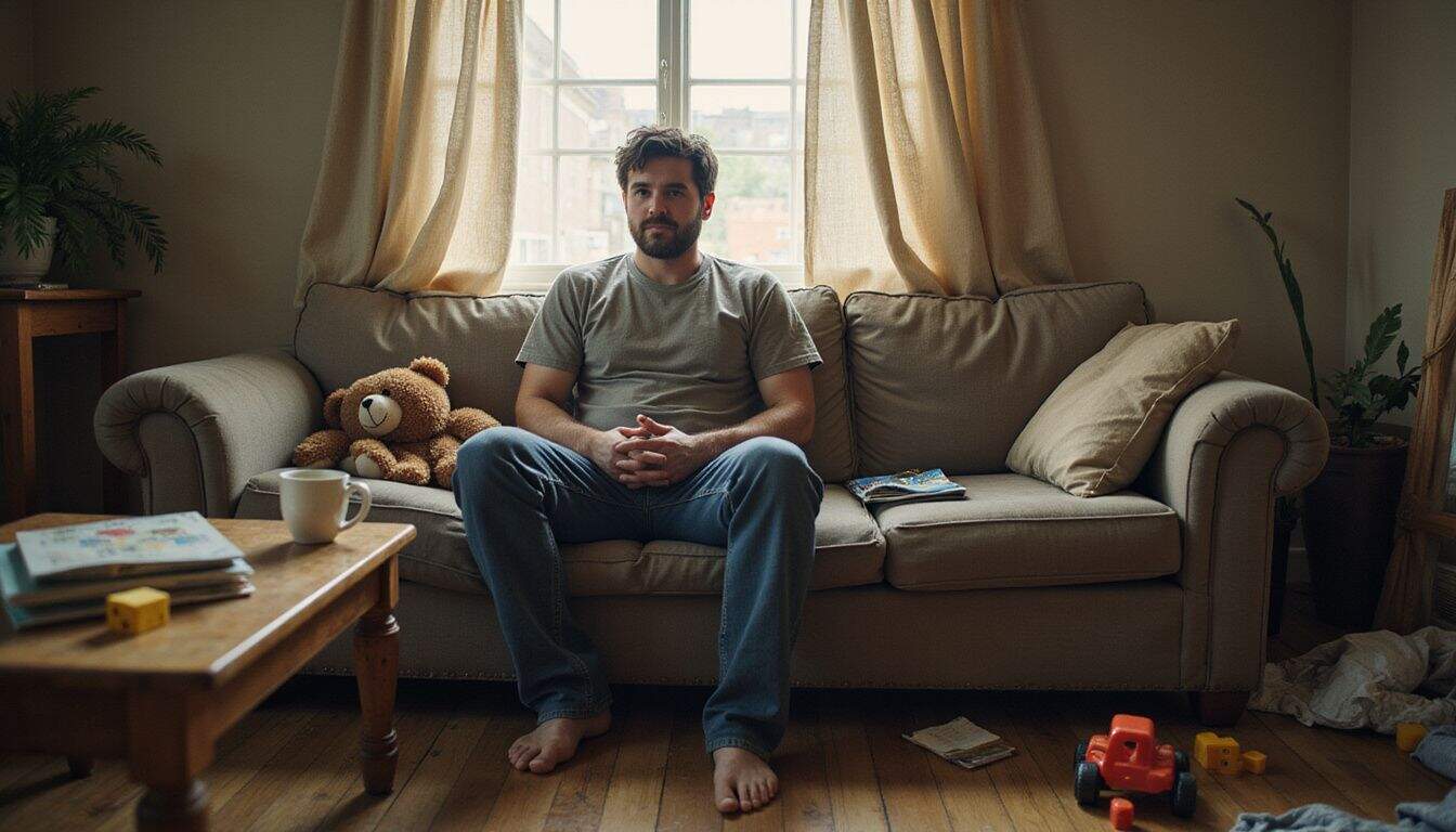 A tired but resilient father sits in a cluttered living room, reflecting on the challenges of everyday life. A tired but resilient father sits in a cluttered living room, reflecting on the challenges of everyday life.