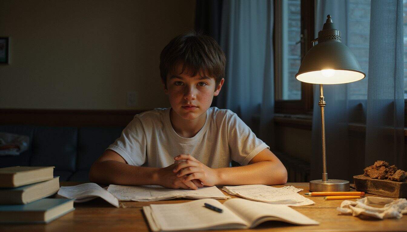 A teenage boy, focused on studying, sits at a cluttered desk with open textbooks and pencils. A teenage boy, focused on studying, sits at a cluttered desk with open textbooks and pencils.
