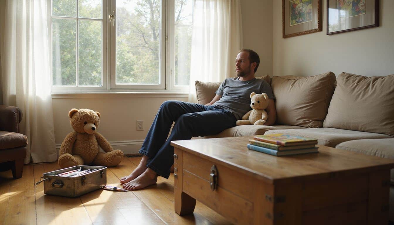 A cozy living room scene with a worn couch, toolbox, teddy bear, books, and person seated. A cozy living room scene with a worn couch, toolbox, teddy bear, books, and person seated.
