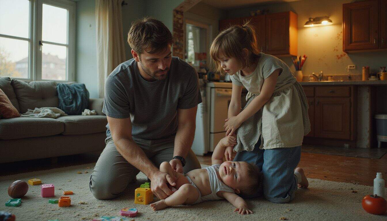 A father changes a diaper while a mother comforts a crying toddler in a cluttered, lived-in living space. A father changes a diaper while a mother comforts a crying toddler in a cluttered, lived-in living space.