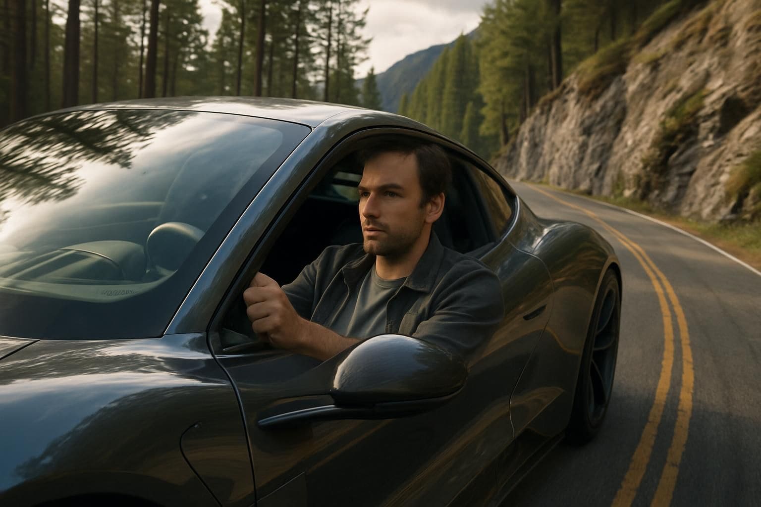 A man drives a sleek electric supercar through mountainous terrain on a winding road. A man drives a sleek electric supercar through mountainous terrain on a winding road.