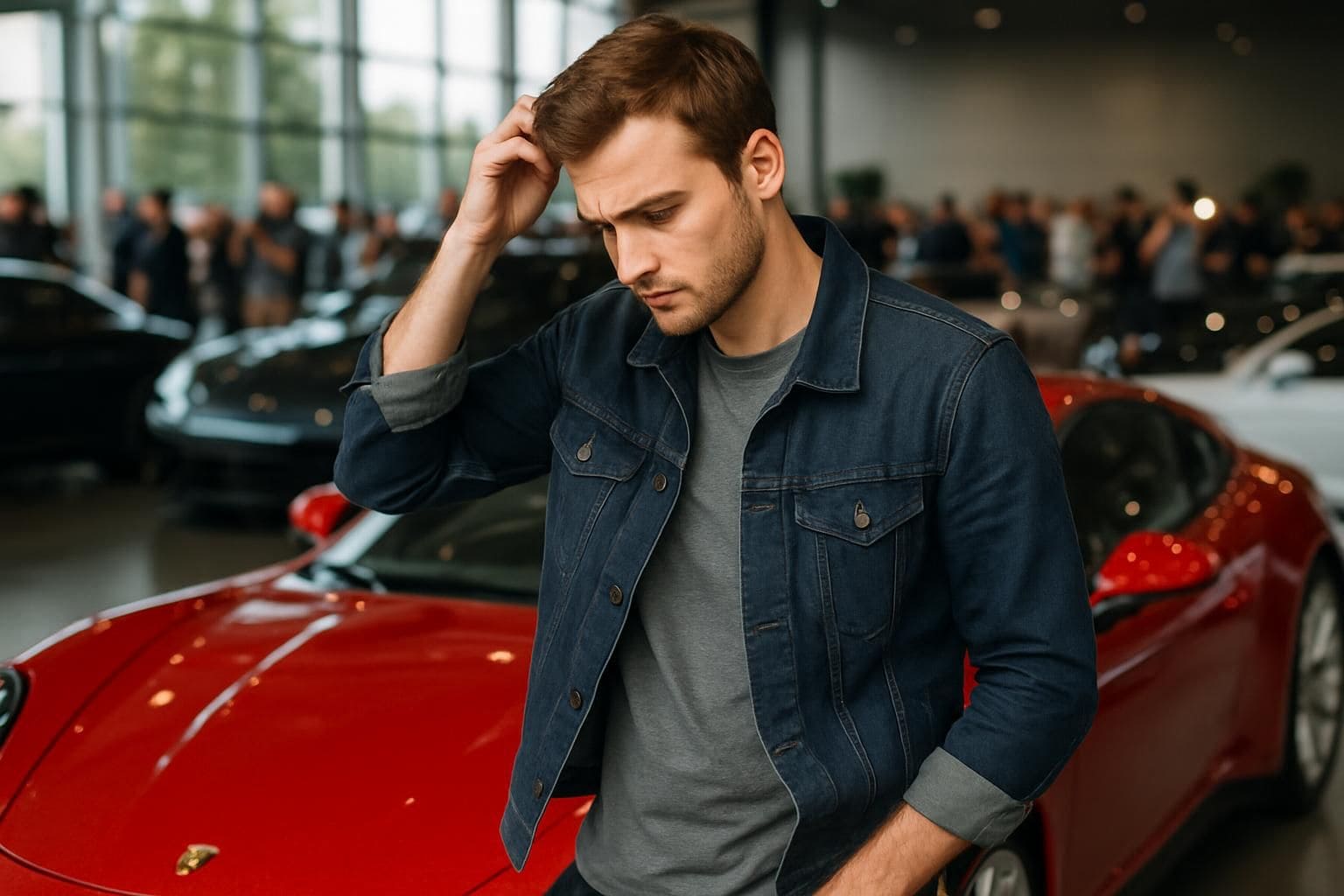 A young man stands beside a red sports car at a luxury car show. A young man stands beside a red sports car at a luxury car show.
