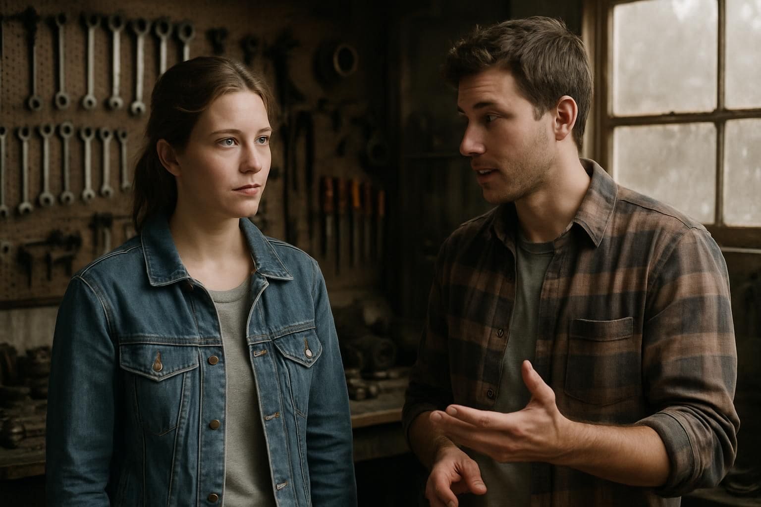 A young woman and man discuss supercars and hypercars in a cluttered suburban garage. A young woman and man discuss supercars and hypercars in a cluttered suburban garage.