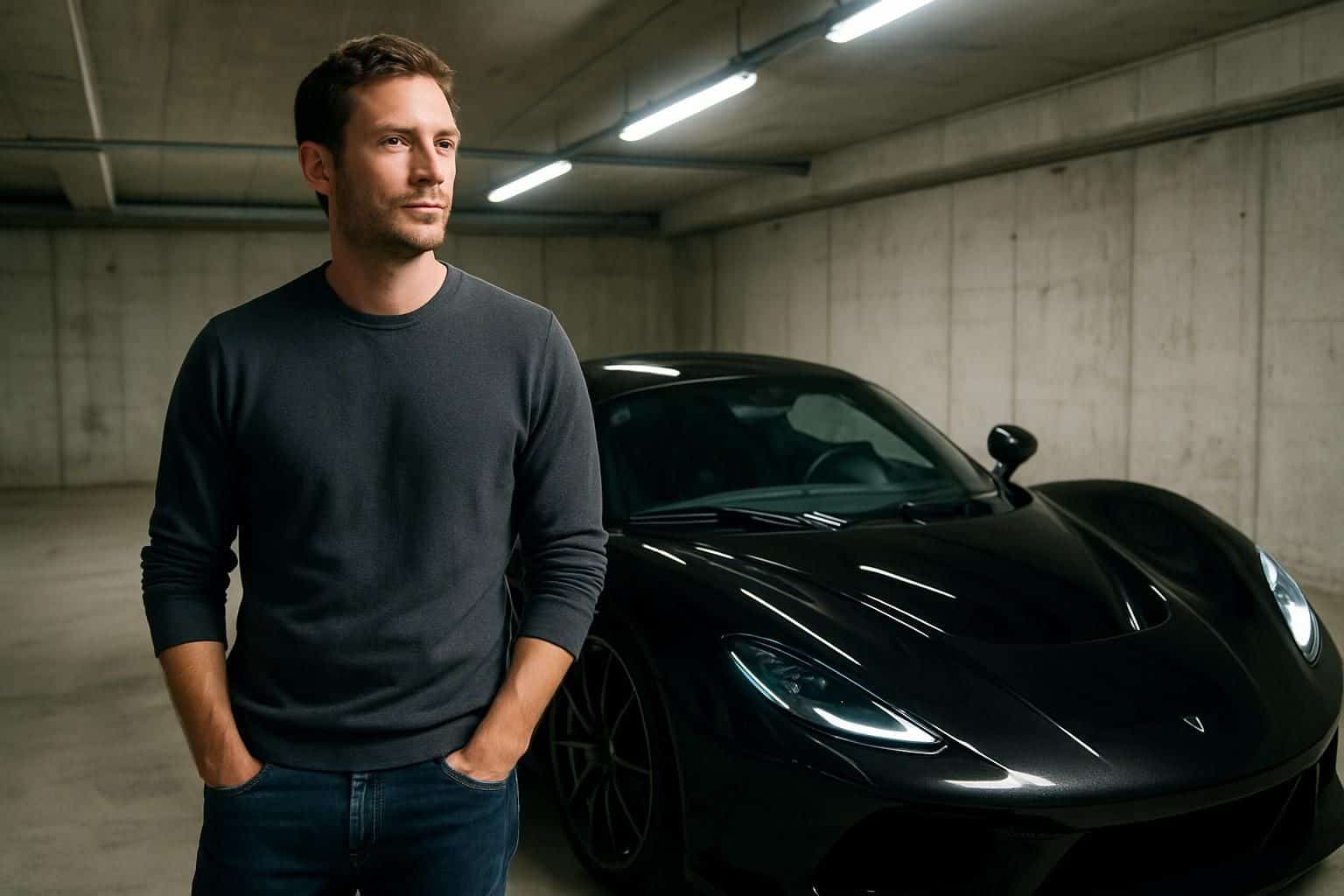 A man stands next to a glossy black hypercar in an underground parking garage. A man stands next to a glossy black hypercar in an underground parking garage.