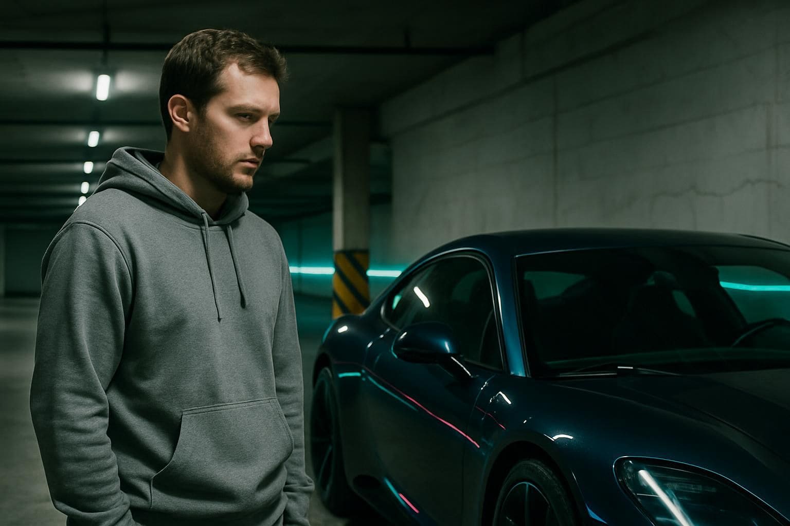 A man in his 30s stands in an underground parking garage admiring a sleek supercar. A man in his 30s stands in an underground parking garage admiring a sleek supercar.