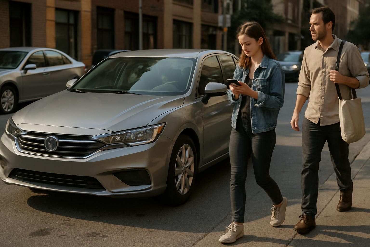 A modern sedan parked on a city street, surrounded by pedestrians and other vehicles. A modern sedan parked on a city street, surrounded by pedestrians and other vehicles.
