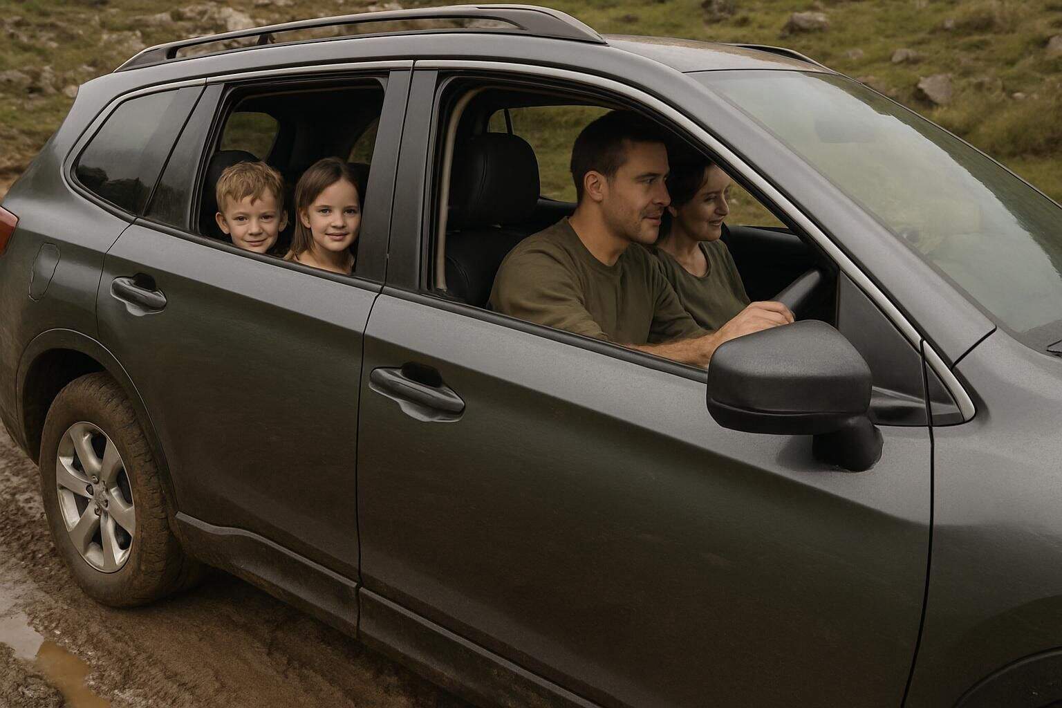 A family of four in a modern SUV parked on a muddy trail, enjoying an outdoor excursion. A family of four in a modern SUV parked on a muddy trail, enjoying an outdoor excursion.