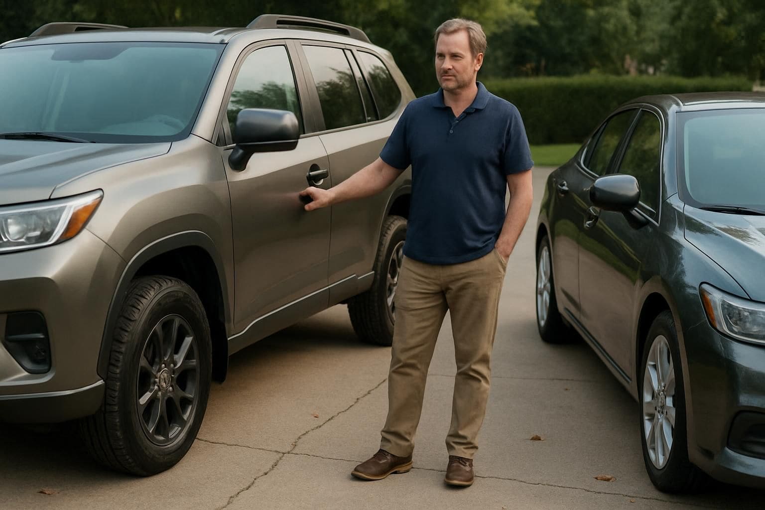 A mid-sized SUV and sedan parked on a suburban driveway with a man standing by the SUV. A mid-sized SUV and sedan parked on a suburban driveway with a man standing by the SUV.