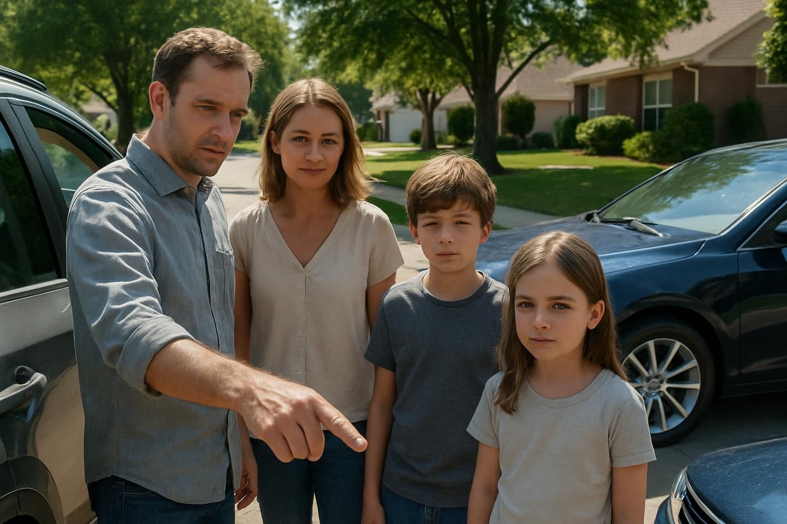 A family of four stands in a suburban driveway, inspecting two parked cars on a sunny afternoon. A family of four stands in a suburban driveway, inspecting two parked cars on a sunny afternoon.