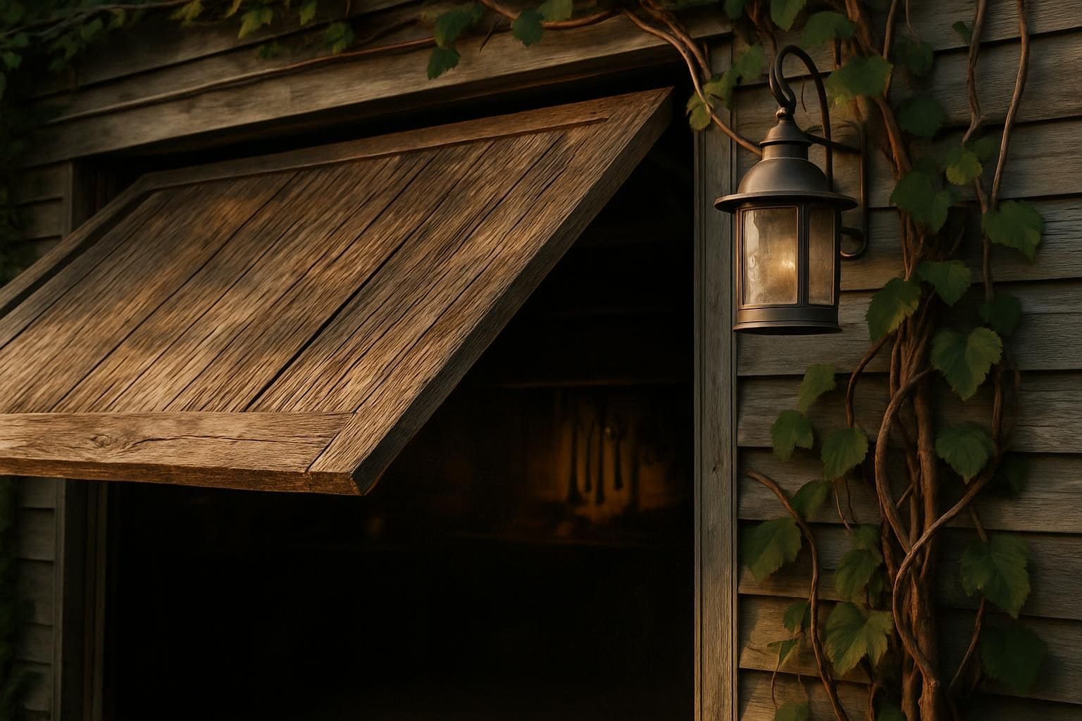 A weathered wooden tilt-up garage door with vintage tools and lush vines. A weathered wooden tilt-up garage door with vintage tools and lush vines.