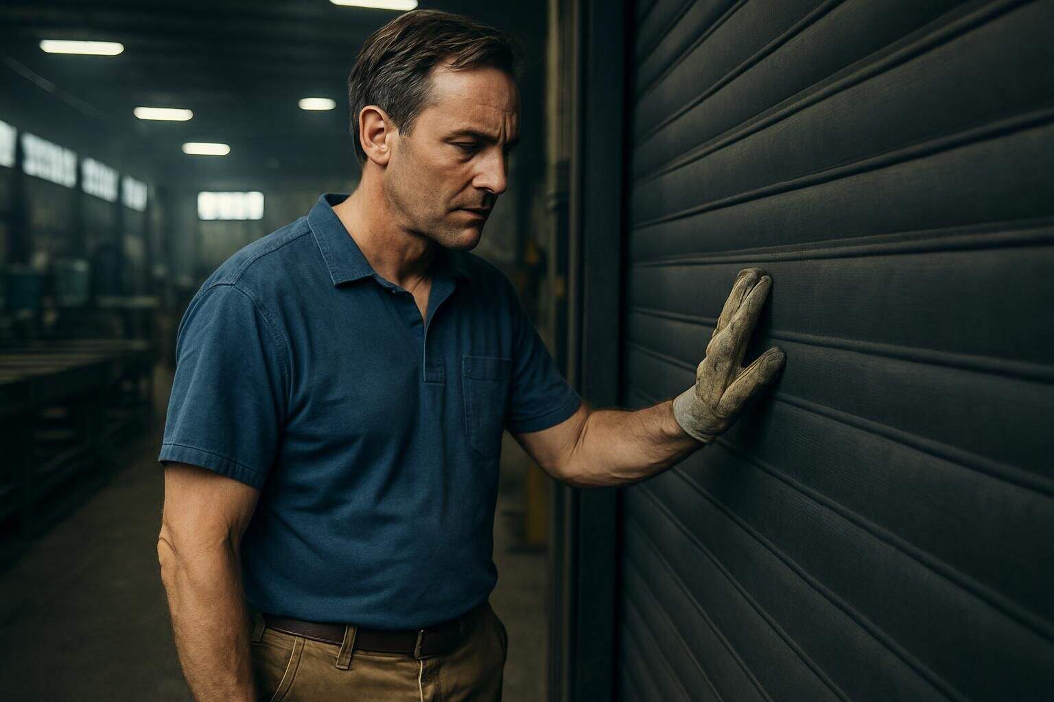 A middle-aged warehouse manager examines a large, industrial rubber roll-up door in a gritty warehouse setting. A middle-aged warehouse manager examines a large, industrial rubber roll-up door in a gritty warehouse setting.