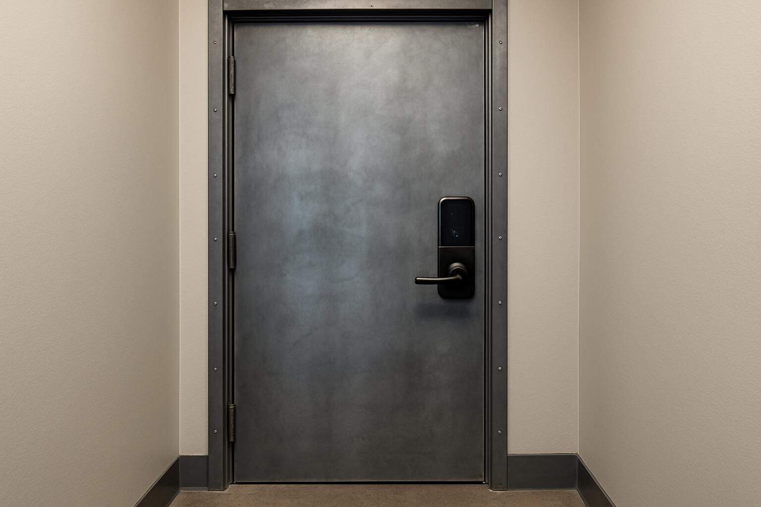 A steel fire-rated door with digital keypad lock installed in a modern office corridor. A steel fire-rated door with digital keypad lock installed in a modern office corridor.