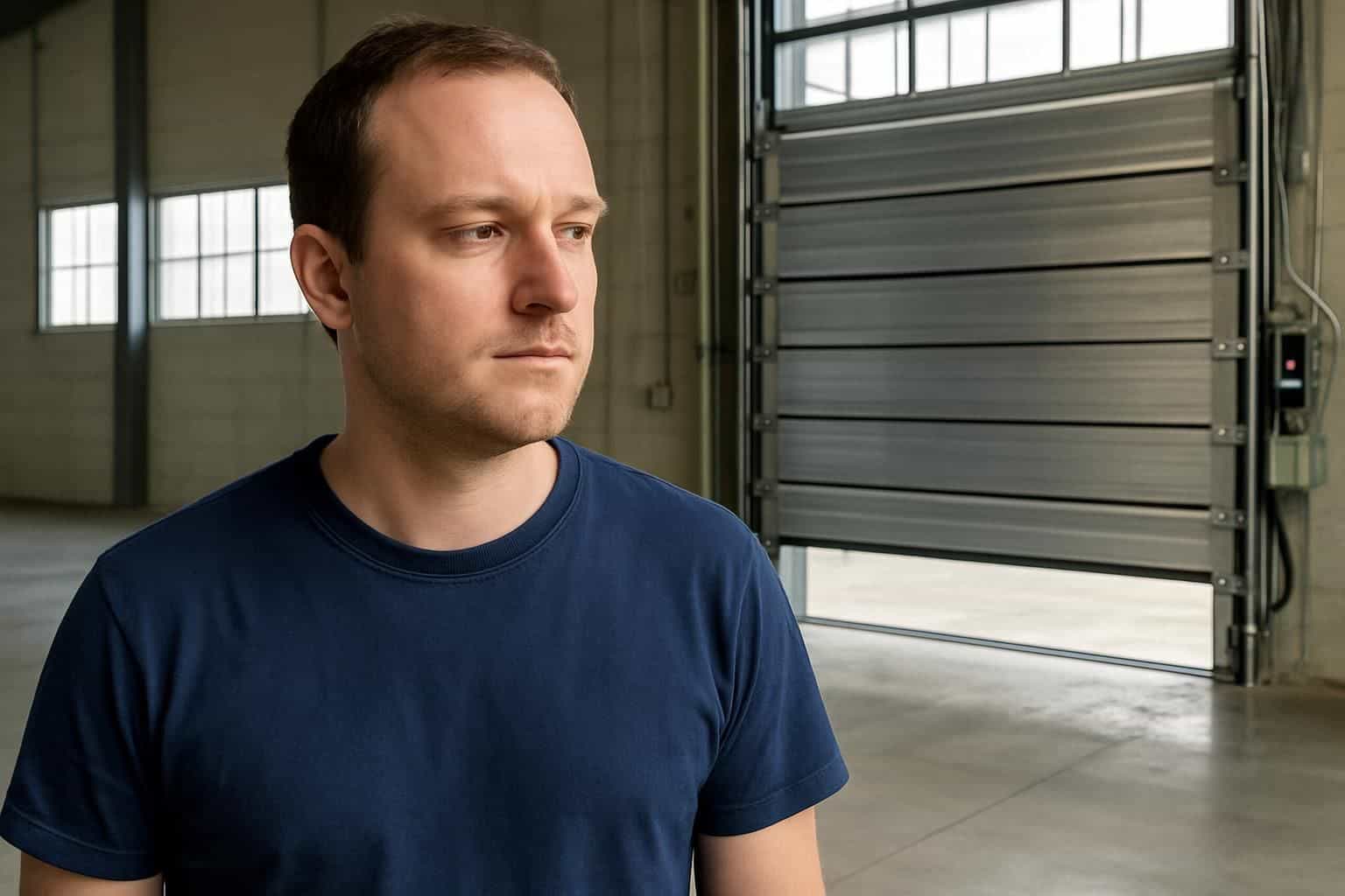 A man in a navy blue shirt stands inside an industrial warehouse with a partially raised high-speed roll-up door behind him. A man in a navy blue shirt stands inside an industrial warehouse with a partially raised high-speed roll-up door behind him.