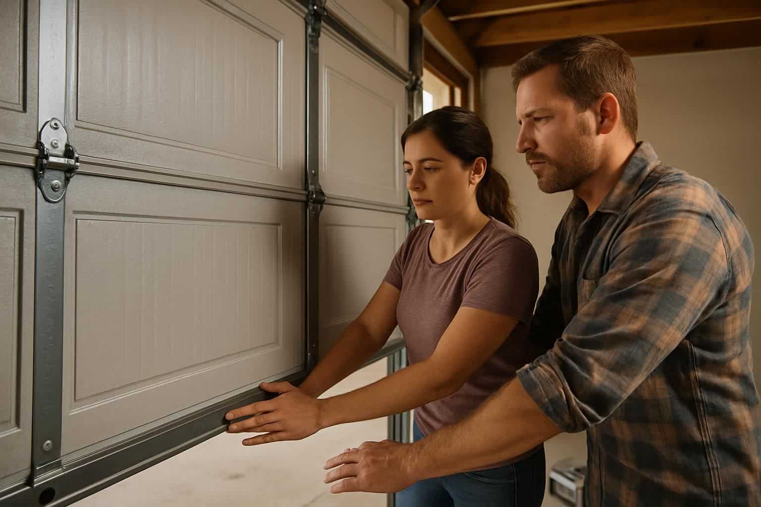 Two individuals installing an insulated garage door in a suburban garage.