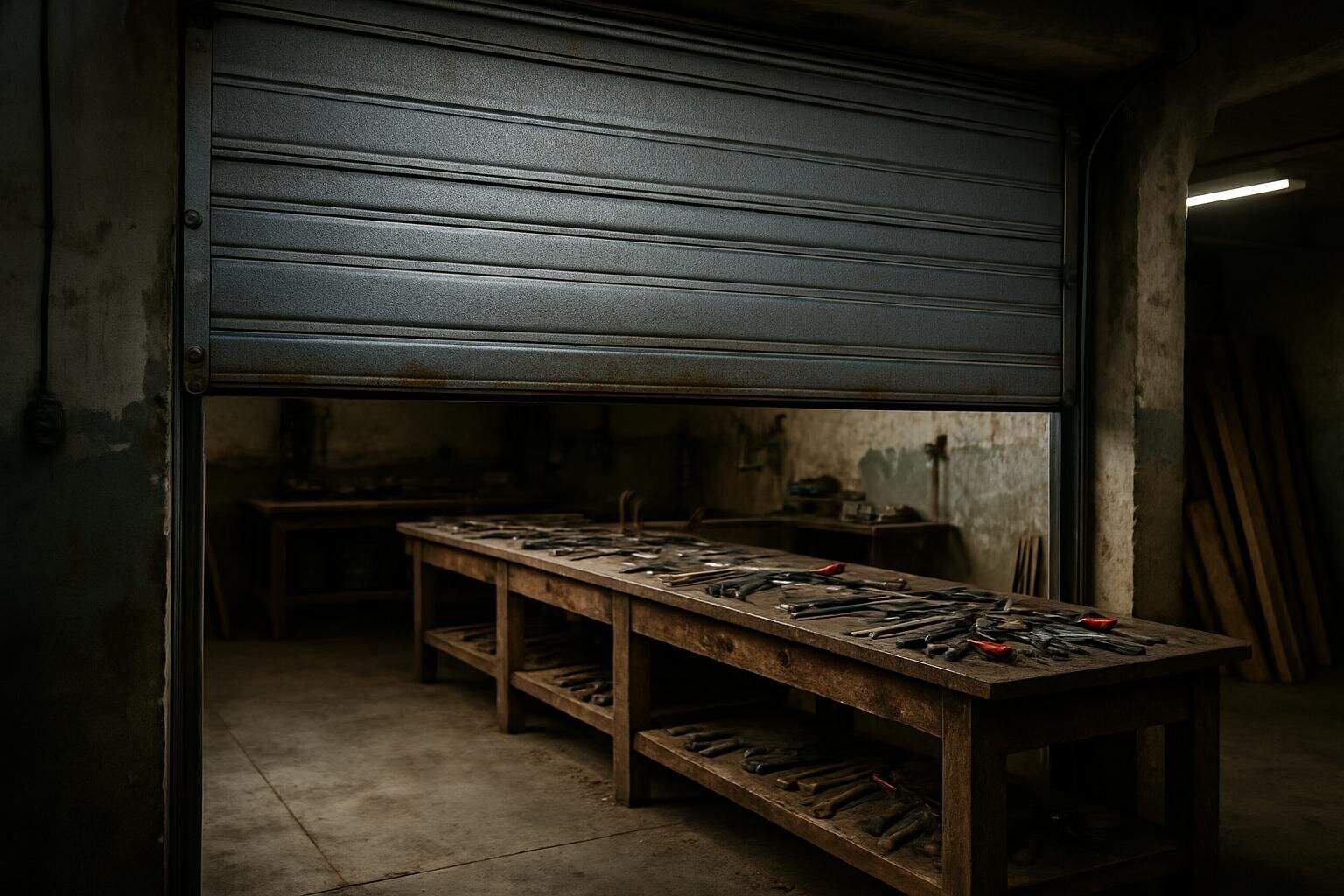 An open steel sectional door reveals a cluttered workshop with worn wooden workbenches and assorted hand tools.