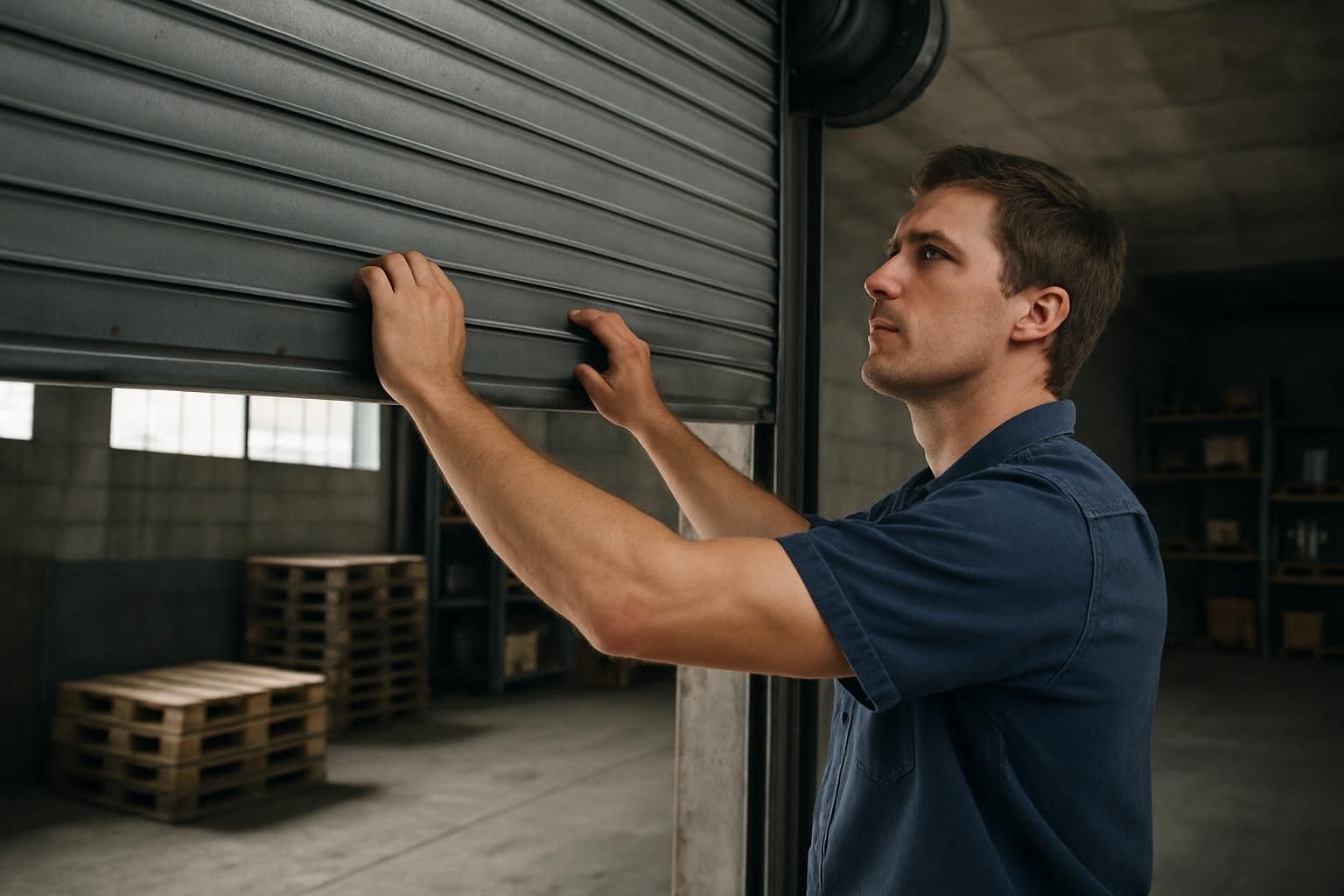 A warehouse worker operates a large roll-up overhead door in an industrial warehouse. A warehouse worker operates a large roll-up overhead door in an industrial warehouse.