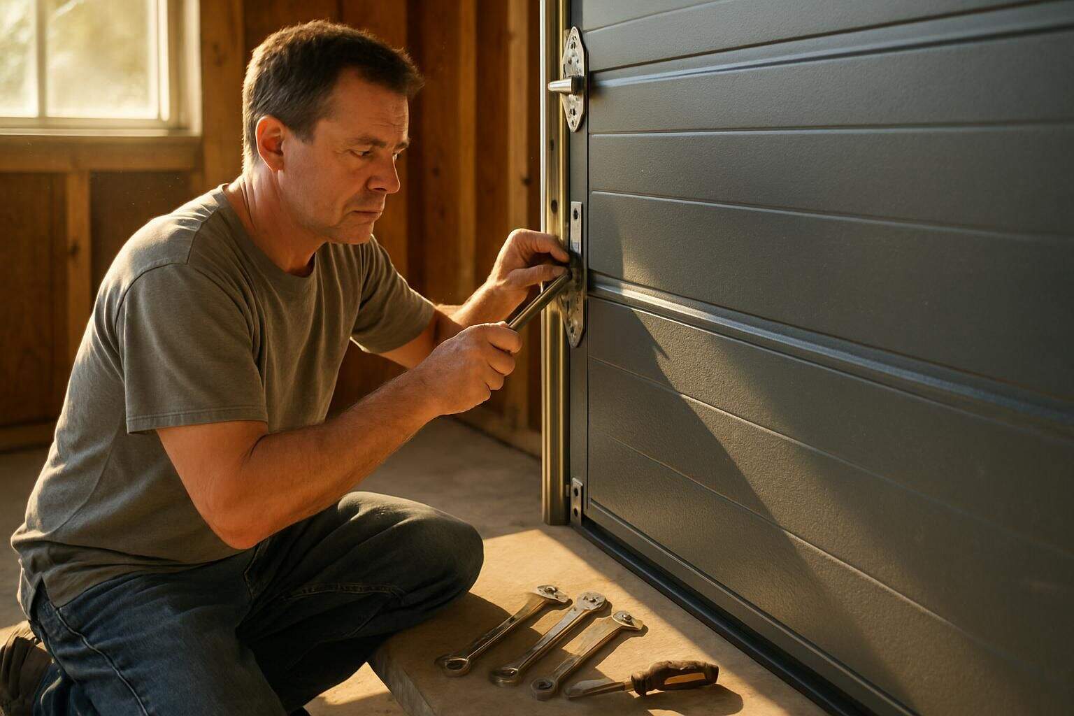 A homeowner in their mid-40s installing a new sectional overhead garage door with tools scattered around. A homeowner in their mid-40s installing a new sectional overhead garage door with tools scattered around.