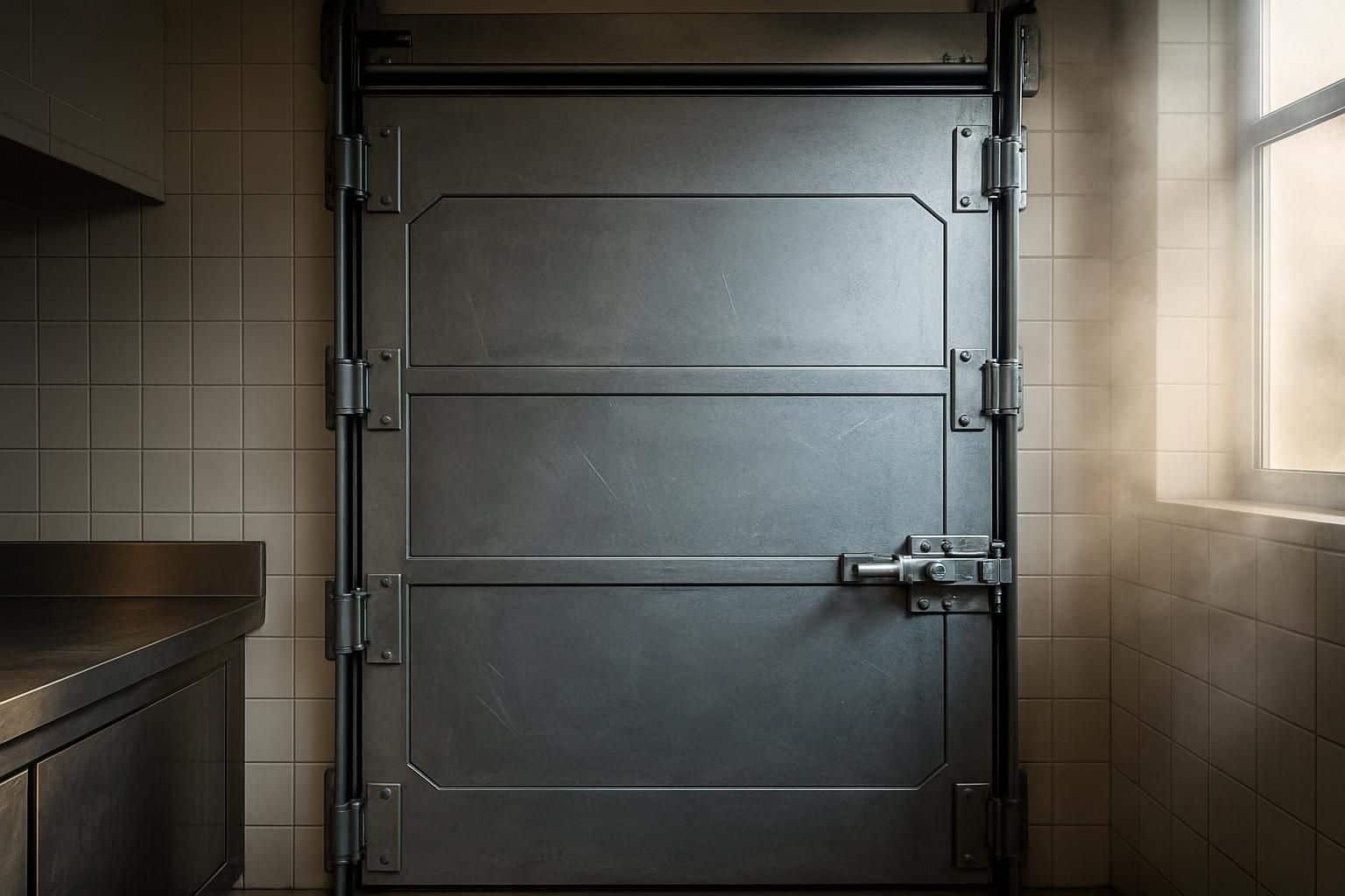 A high-resolution photo of a fire-resistant overhead door in a commercial kitchen, showcasing its sturdy construction and industrial-grade steel panels. A high-resolution photo of a fire-resistant overhead door in a commercial kitchen, showcasing its sturdy construction and industrial-grade steel panels.