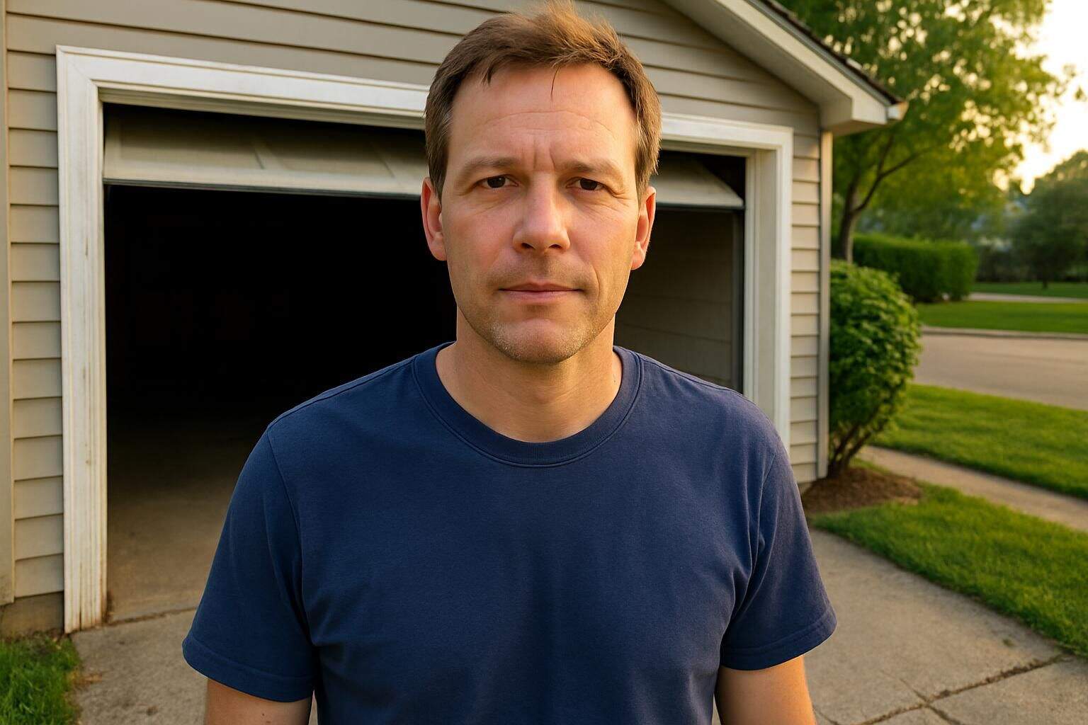 A middle-aged man stands outside a suburban garage in casual attire. A middle-aged man stands outside a suburban garage in casual attire.