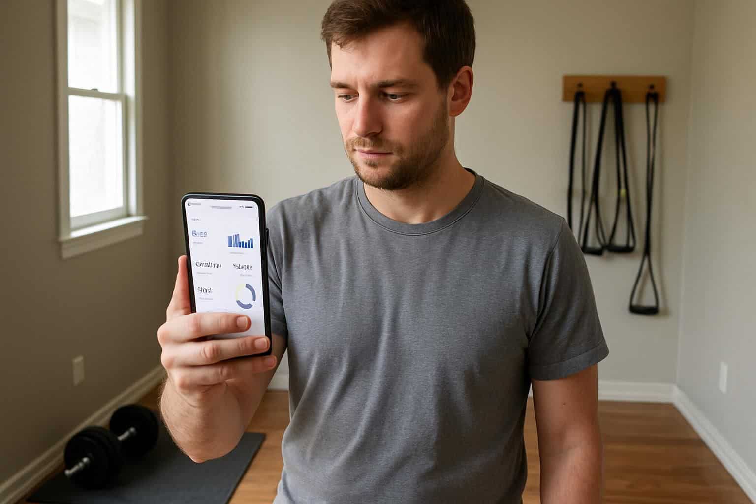 A man in his 30s checks his health app in a home workout space. A man in his 30s checks his health app in a home workout space.