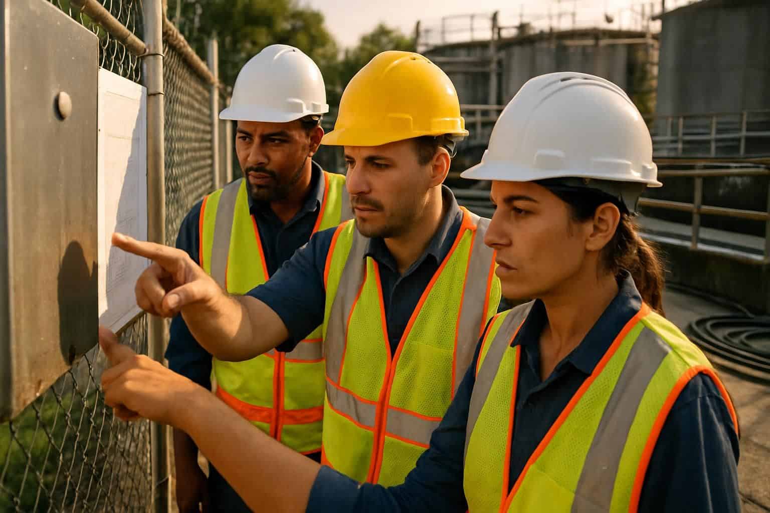 A diverse group of wastewater treatment plant workers collaborate near control panel outdoors. A diverse group of wastewater treatment plant workers collaborate near control panel outdoors.