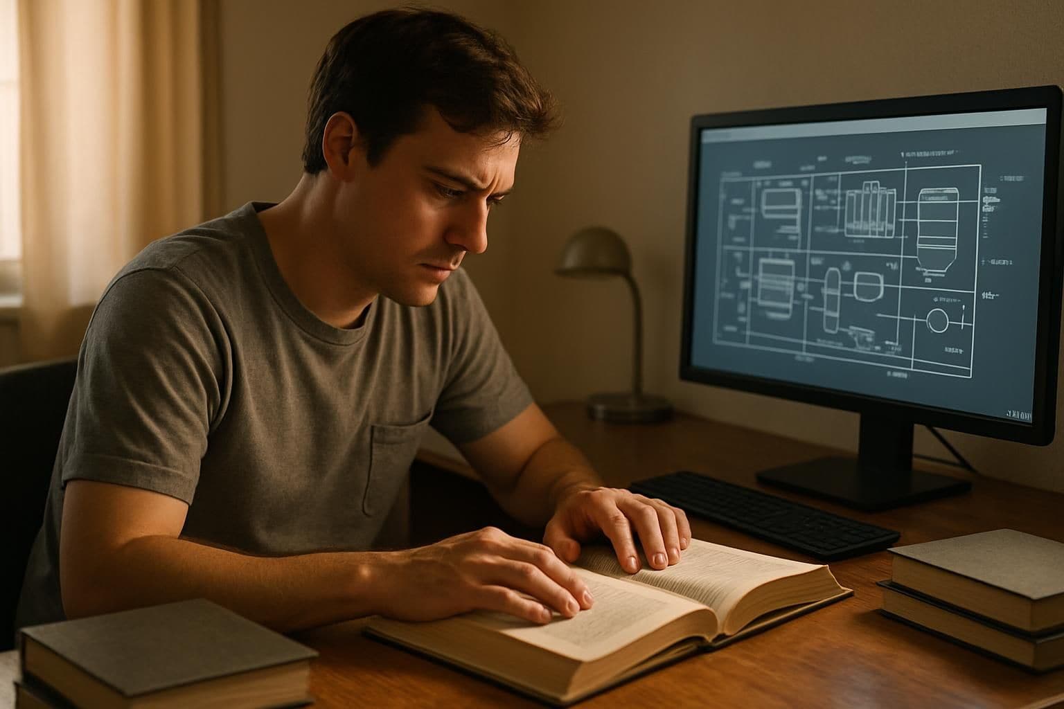 A young adult studying a technical layout of a wastewater treatment plant in a well-lit office space. A young adult studying a technical layout of a wastewater treatment plant in a well-lit office space.