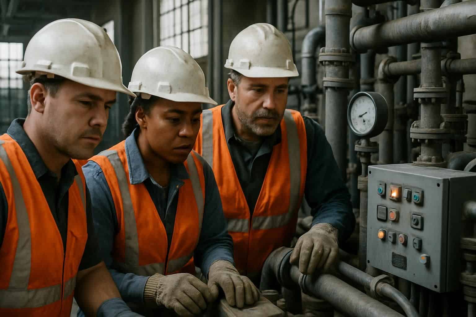 Diverse group of workers focused on operating wastewater treatment machinery in an industrial plant. Diverse group of workers focused on operating wastewater treatment machinery in an industrial plant.