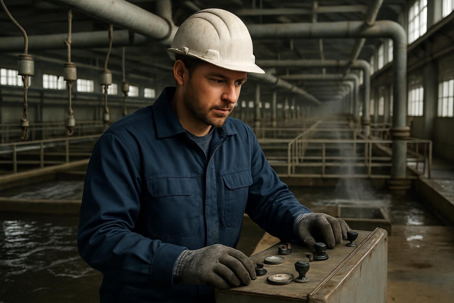 A man in work attire operates control panel in a wastewater treatment facility. A man in work attire operates control panel in a wastewater treatment facility.